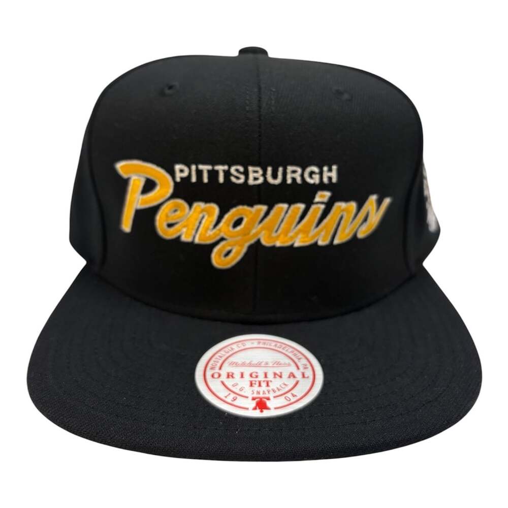 Pittsburgh Penguins Black Cream Script Snapback Hat,